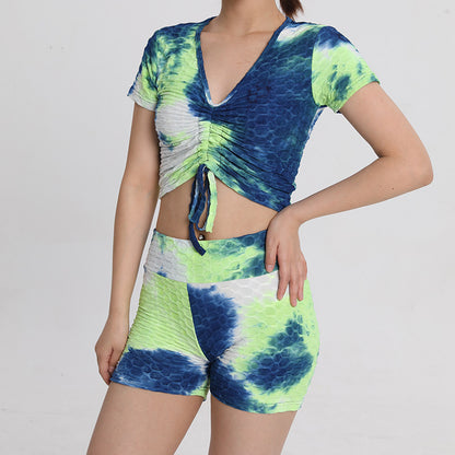 Drawstring Short Sleeve Yoga Fitness Tie-Dye Shorts